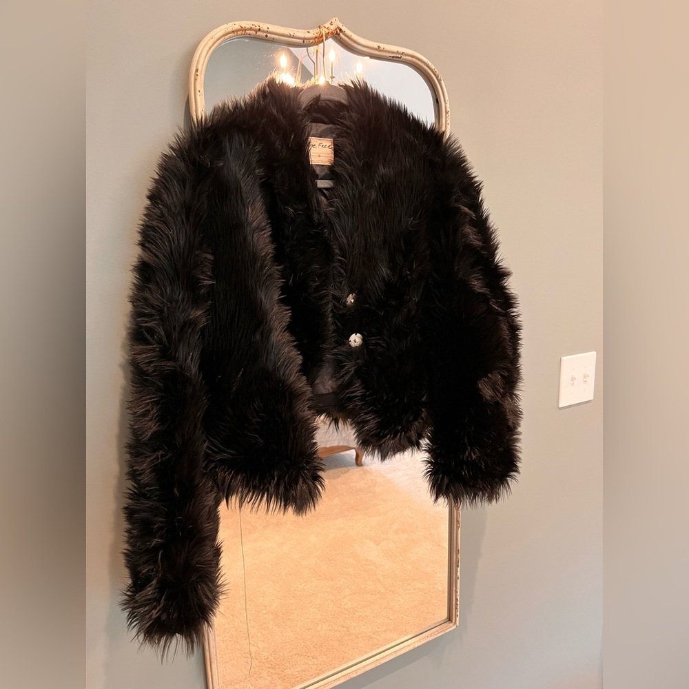 Free People faux fur black coat with snap closure